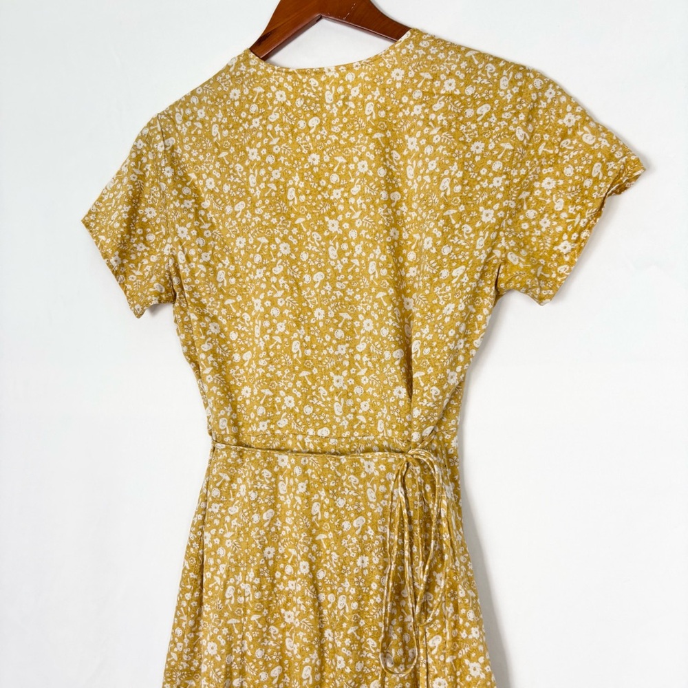 Outerkown Organic Cotton Floral Wrap Dress Midi Short Sleeve Size XS Yellow - Picture 4 of 7